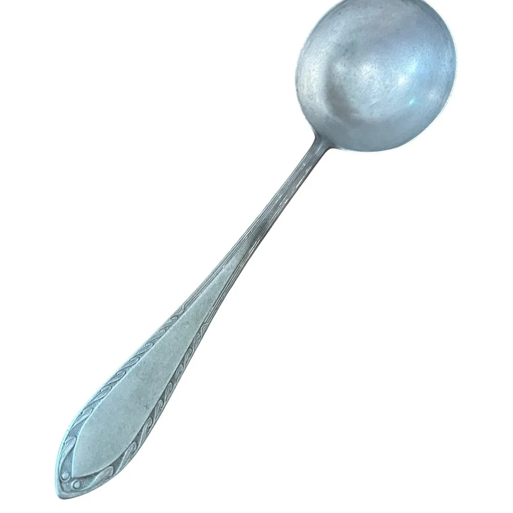 Vintage Aluminum Small Ladle Sauce Spoon Ornate Border Handle Matte Silver Tone